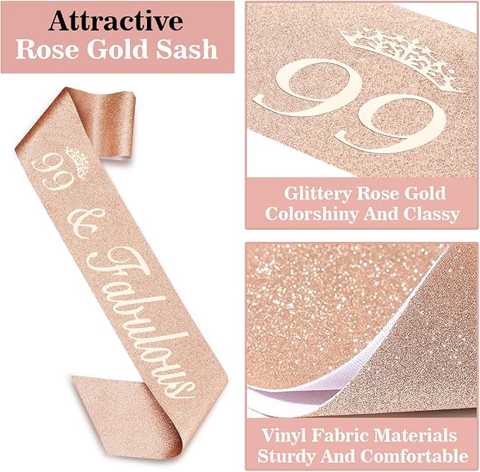 99th Birthday Decorations for Women Including Birthday Sash and Tiara, Candles and Cake Topper, Gifts for 99 Year Old Woman, Rose Gold Party Decor Supplies