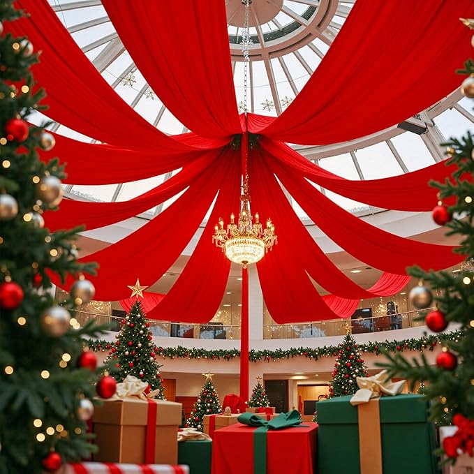 PartyVillage 4 Panels 5ftx30ft Red Ceiling Drapes for Wedding Parties – 30 FT Extra Long Thick Polyester Wrinkle-Free Drapery Tent Decor Decorations for Birthday Party Ceremony Stage Swag