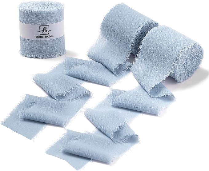 DORIS HOME Dusty Blue Chiffon Ribbon for Flower Bouquet, 2" x21Yd Fabric Ribbon for Gift Wrapping, Handmade Frayed Ribbon for Wedding, Chiffon Silk Ribbon for Christmas Decorations