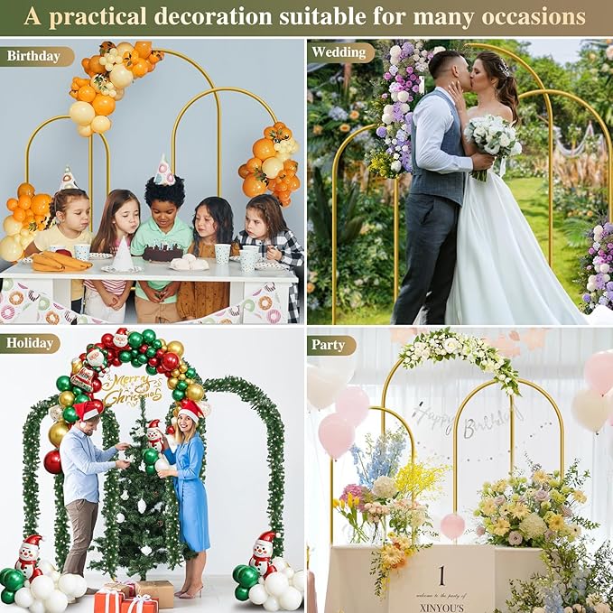 Metal Arch Backdrop Stand, Set of 3 (4/5/6 ft) Wedding Arched Frame with 12 Ground Nails, Stable Arched Background Stand for Wedding, Baby Shower, Birthday Party, Photography, Gold