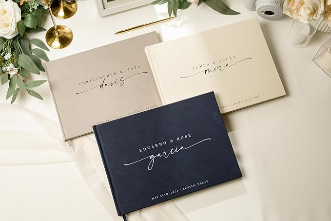 Personalized Guest Book - 11.5" x 8.5" Custom Bride & Groom Names with Bookmark and Hard Cover 140 GSM Blank Pages, for Weddings Guest Book, Engagements, Birthdays, Special Events, Navy