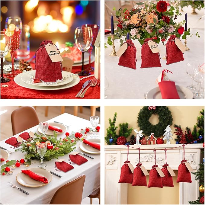 Woanger 100 Pcs Burlap Gift Bags with 100 Pcs Kraft Paper Gift Tags with Drawstring Favor Bulk Burlap Sack Bags for DIY Wedding Party Craft(4 x 6 Inch,Red)