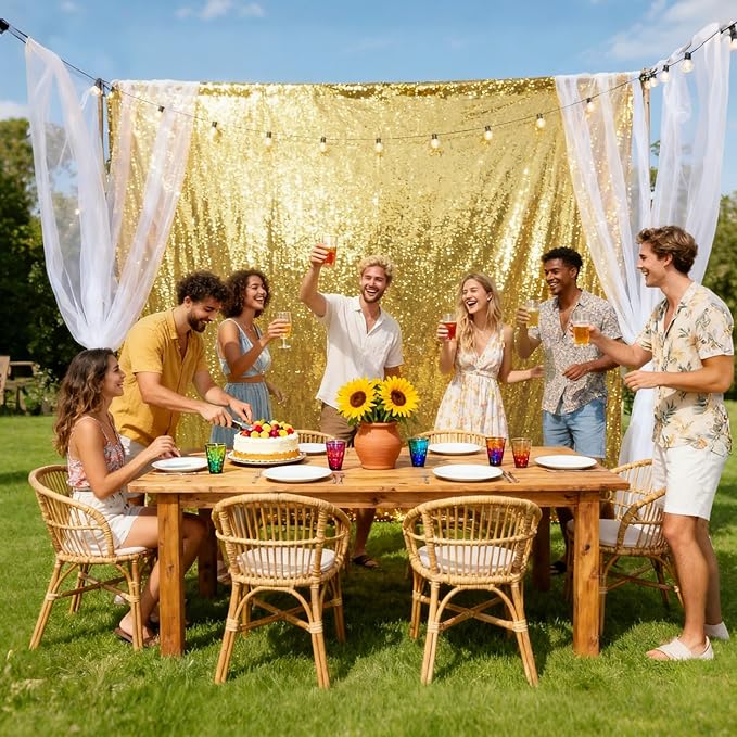 VOK Gold Sequin Backdrop Curtains 4 Panels 2FTx8FT Glitter Photography Background for Wedding Birthday Christmas Party Decorations