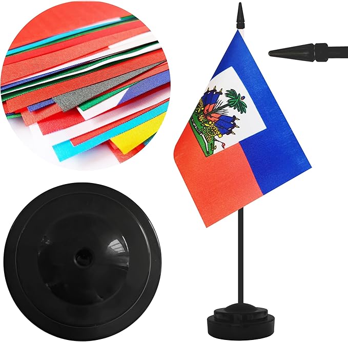 2 Pack Haiti Desk Flag Set, Haitian Desktop Small Miniature Table Office Flag with 12" Black Pole and Black Base, Offices, Classroom, Home, Festival Decoration (Haiti)