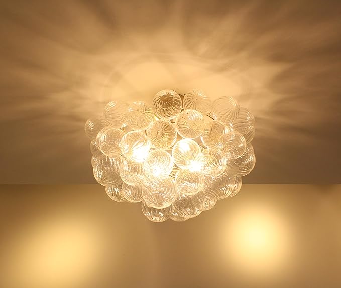 Bubble Ball Semi Flush Mounting Ceiling Light Fixtures, Dia 20 inch Gold and Clear Blown Glass Small Swirled Glass Chandelier for Bedroom Study Bathroom Dining Room