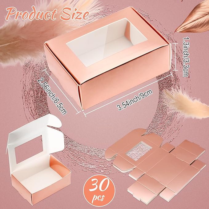 Zonon 30 Pcs Soap Boxes for Homemade Packaging, Mini Kraft Treat Boxes with Window for Bakery Candy Soap Making Gift Packaging(3.5 x 2.4 x 1.2 Inch,Rose Gold)