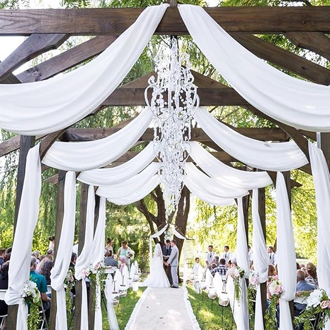 4 Panels White Polyester Wedding Arch Draping Fabric, 28x20 feet Each, Sheer Chiffon Curtain Arbor Drapery Ceiling Drapes for Party Decor