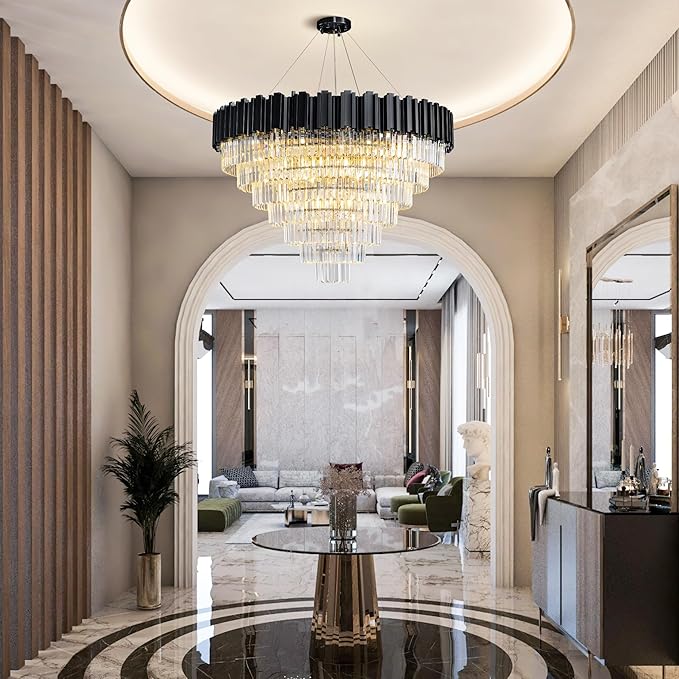 39" Black Crystal Chandelier, 21-Light Modern Luxury Round Chandelier, 7-Tier Contemporary Tiered Chandeliers Light Fixture for Dining Room, Living Room, Bedroom, Foyer, Entryway, Kitchen