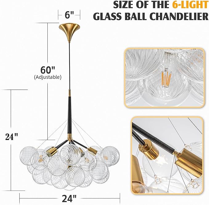 Modern Bubble Ball Swirled Glass Chandelier, Dia 24 inch Black and Clear Globe Blown Glass Small Ceiling Lights Fixture for Bedroom Study Restaurant
