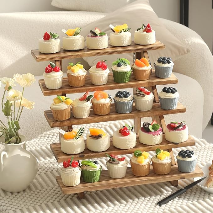 SwallowLiving 5 Tier Wooden Rustic Cupcake Stand for 30 Cupcakes, Stepped Wood Display Stand for Weddings, Tiered Party Table Display Riser for Food , Dessert, Cookie, Decor, Craft Show, Burnt