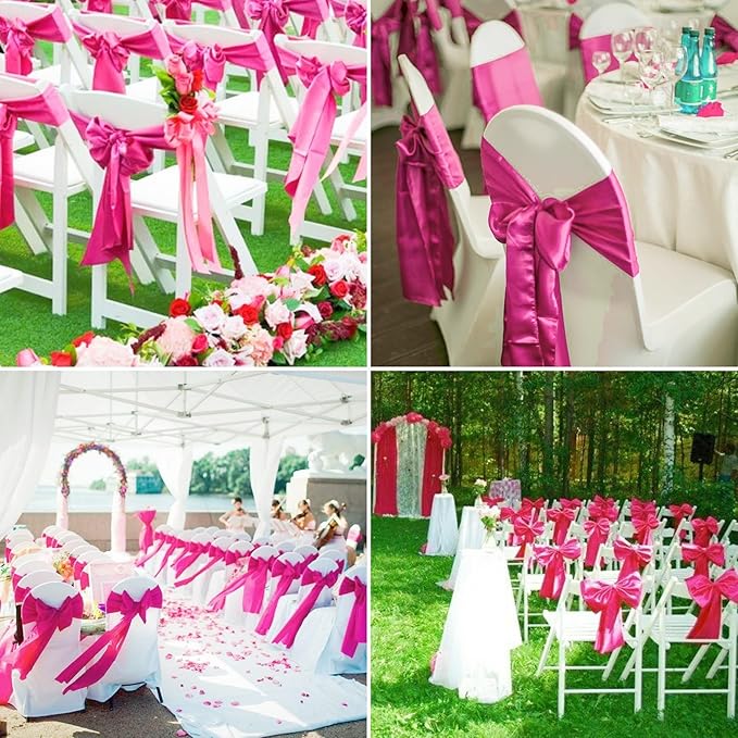 100 PCS Satin Chair Sashes Decorative Bow Chair Sashes Ties Back Ribbon Bows Chairs Cover Band for Wedding Party Ceremony Reception Event Banquet Hotel Birthday Home Kitchen Decor(7 x108inch,Hot Pink)