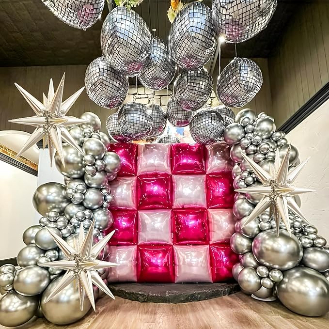 12Pcs Disco Ball Balloons, 22" 15" 10" 4D Aluminum Foil Balloons, Metallic Silver Disco Balloon for Birthday Bachelorette Disco 70s 80s 90s Themed Graduation New Year Eve Prom Party Decorations
