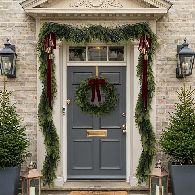N&T NIETING 9FT Christmas Norfolk Pine Garland, Real Touch Pine Garlands Faux Greenery Garland Winter Christmas Garland for Table Mantle Holiday Indoor Outdoor Xmas Decorations (4 Pcs)