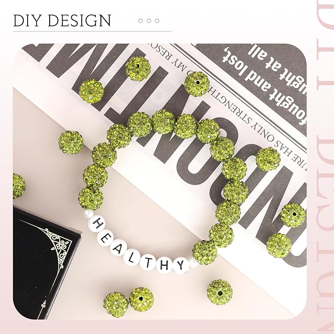 100 pcs 10mm Rhinestone Beads for Jewelry Making, Olivine Shiny Round Shamballa Disco Beads Bulk, Sparkle Crystal Clay Christmas for Bracelet Baseball Necklace Earring Crafting and DIY