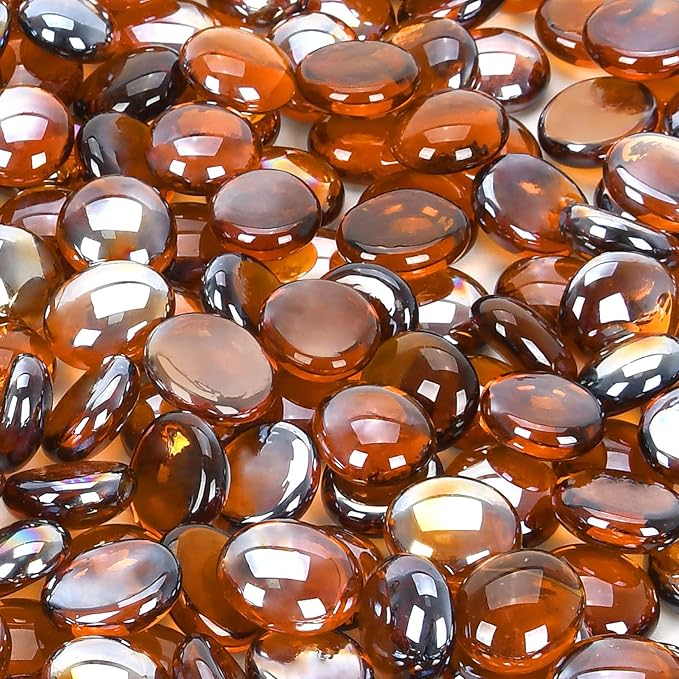 20 Pounds Firepit Glass, 3/4 Inch Glass Beads, Rocks for Fire Pit Table, Fireplace and Fire Bowl, Round FirePit Beads, Amber