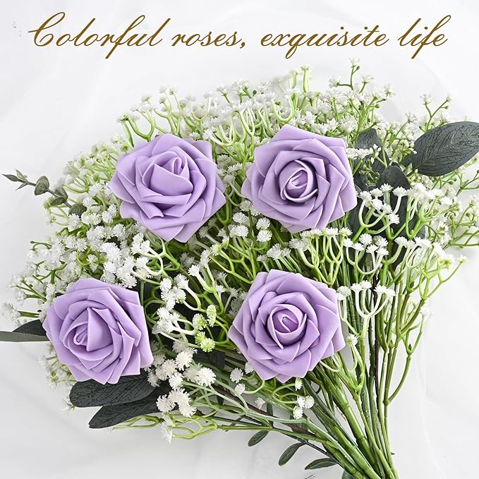 BLEUM CADE 36Pcs Artificial Flowers Fake Roses with Stems, Purple Boxed Foam Roses for DIY Bouquets Centerpieces Wedding Party Arrangement Bridal Shower Decor