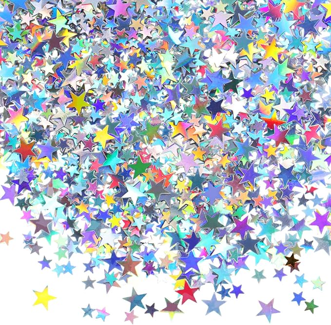 Hestya 60g Star Confetti Glitter Table Confetti Metallic Foil Stars for Party Wedding Festival Decorations(Holographic Silver,10mm and 6mm)