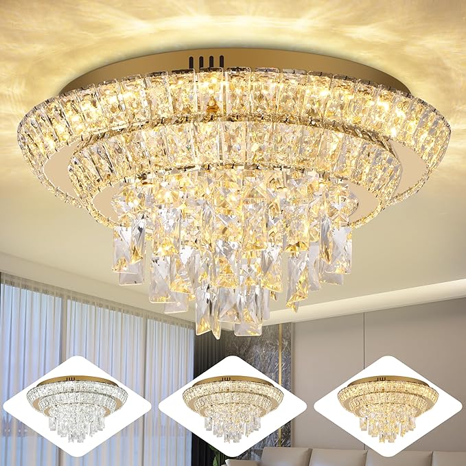 18 inch Crystal Gold Ceiling-Light Flush Mount with Remote Control and APP, 3CCT Dimmable & Brightness Adjustable, Modern Crystal Raindrop Chandeliers for Bedroom Hallway Dinning Room Living Room