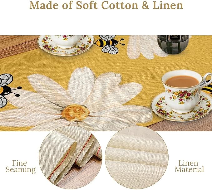 Daisy Flower Table Runner, Summer Spring Seasonal Watercolor Wildflower Yellow Bee Print Table Cover for Home Party Decor Kitchen Dining Table, 13x36inch