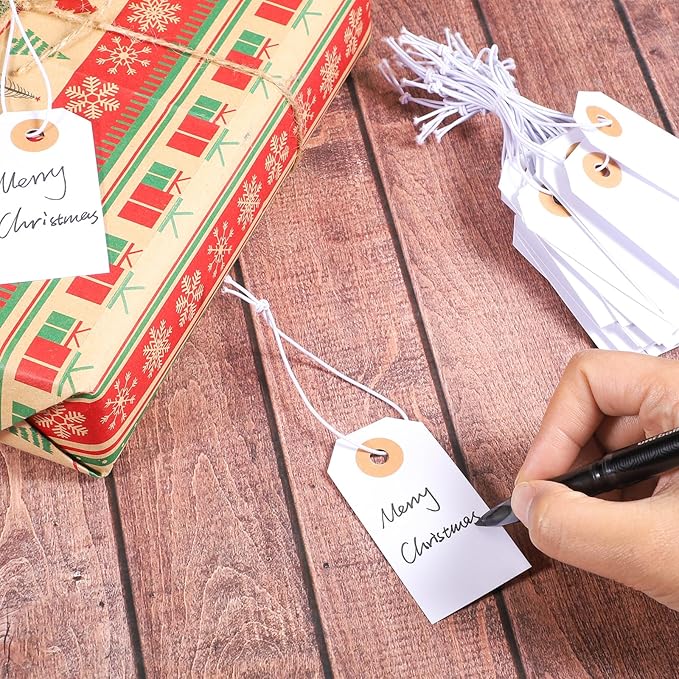 Prudiut 100 Pack Gift Tags with Elastic String White Price Tags Marking Hang Tag Attached Reinforced Hole Writable for Christmas Gifts Inventory Tag Stocking Stuffers 2.75'' x1.37''