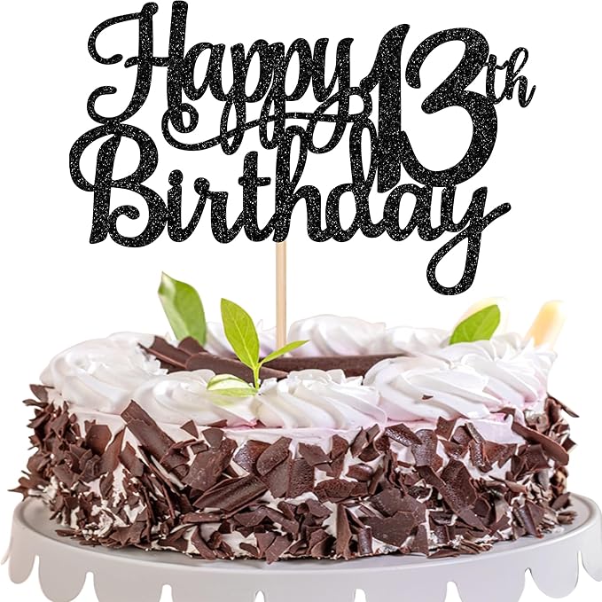 1 PCS Happy 13th Birthday Cake Topper Glitter Cheers to 13 Years Birthday Cake Pick Official Teenager 13 Fabulous Cake Decoration for Happy 13th Birthday Theme Party Decorations Supplies Black
