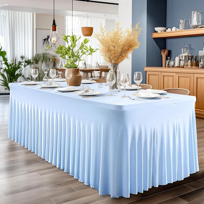 Wish Care 6 Pack Baby Blue Spandex Table Clothes for 6 Foot Rectangle Tables, 6FT Wrinkle Free Fitted Tablecloths Ruffles Design Table Cover for Party, Banquet, Wedding and Events