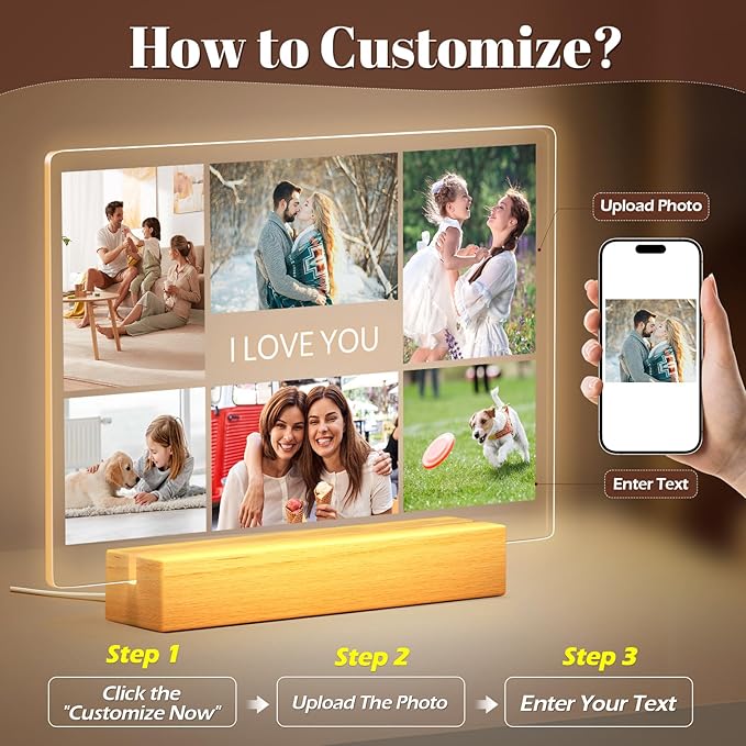 Custom Picture Frames with Photo, Personalized Photo Frame with Night Light, Customized Picture Frames, Personalized Anniversary Birthday Gifts for Women Men Her Him Girlfriend Boyfriend Couple