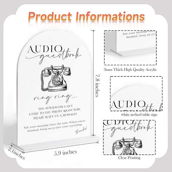 Audio Guest Book Sign, White Arch Acrylic Wedding Sign, Audio Guest Book Wedding Phone, Bridal Shower Decor, Engagement Party Decor, Centerpiece Table Decorations Party for Bride and Groom-25