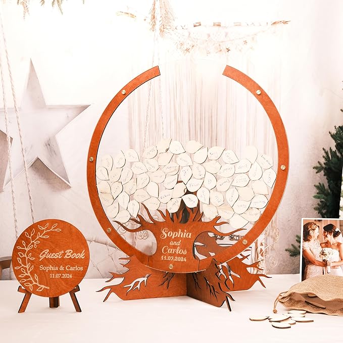 Personalized Wooden Wedding Guest Book Alternative – Rustic Heart Round or Rectangle Shape with Acrylic Display – Custom Gift for Couples