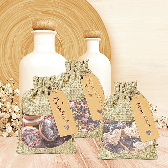 GIOIPC 20Pcs 4 x 6 Inch Linen Burlap Sheer Bags with Drawstring and Bonus Gift Tags for Wedding Birthday Bag,Craft Bags,Cosmetic Samples