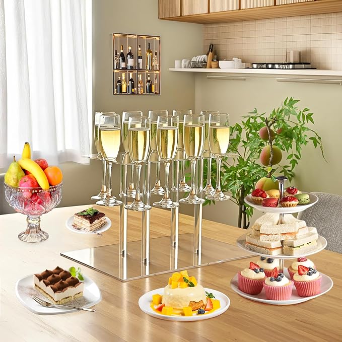 Champagne Tower, Rectangle Acrylic Champagne Display Rack Stand with 12 Slots, 2 Tiers Floating Sight Champagne Flute Holder for Party, Wedding, School, Celebration, 13.3x9.4x15.3 inch
