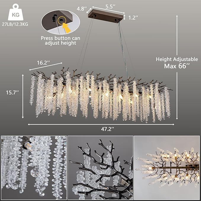 YUYI Black Crystal Chandelier, Modern 47.2" Rectangular Chandeliers for Dining Room,K9 Large Luxury Flush Mount Chandelier for Foyer Living Room,Kitchen Island Hanging Light Fixture