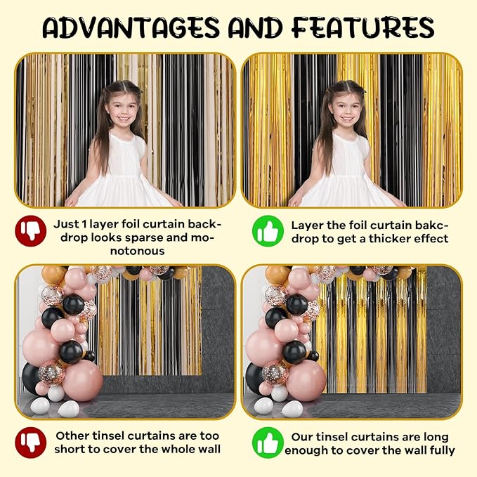 2 Pack Black and Gold Foil Fringe Backdrop Curtains, Tinsel Streamers Birthday Party Decorations, Fringe Backdrop for Graduation, Baby Shower, Gender Reveal, Disco Party