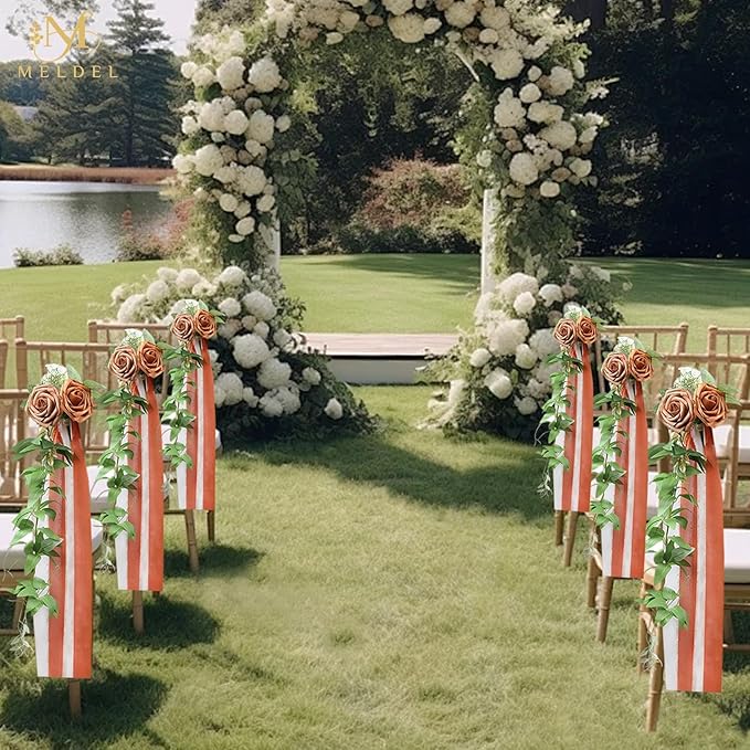 Meldel 10Pcs Wedding Chair Decorations Aisle Flowers Swag Artificial Flower Ivory Orange Garland with Ribbion for Ceremony Reception Church Rose Floral Faux Arrangement Party Outdoor Pew Decor