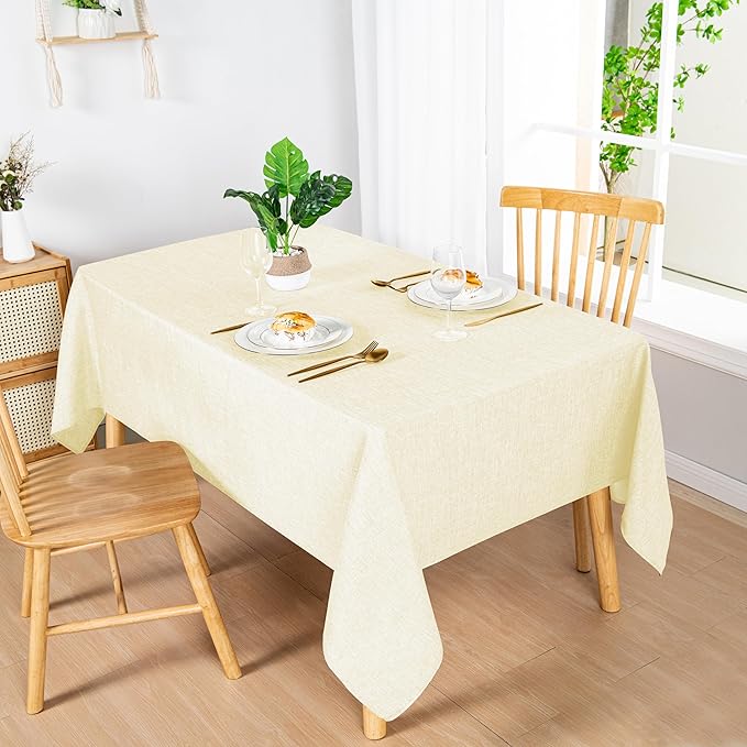 Hiasan Faux Linen Rectangle Tablecloth - Wrinkle and Stain Resistant Washable Table Cloth for Kitchen Dining Room Holiday Table Cover for Dinner, Champagne, 90 x 156 Inch