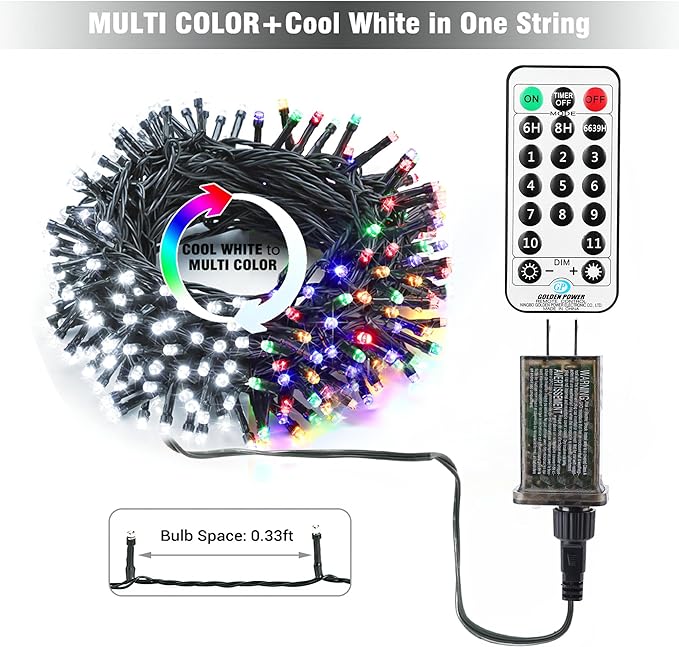 BrizLabs Color Changing Christmas Lights, 180ft 500 LED with Remote, 11 Modes Cool White & Colored Outdoor/Indoor Xmas Tree Lights