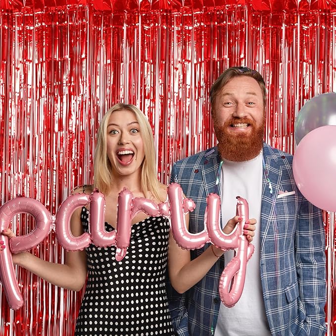 5 Pack Red Foil Curtain Backdrop 3.2ft x 9.8ft Metallic Tinsel Foil Fringe Curtains Streamer Photo Booth Backdrop for Birthday Party Engagement Bachelorette Party Decorations (Red)