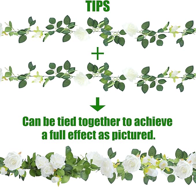 Sggvecsy 6Pcs 46.5Ft Artificial Rose Vine Fake Flower Garland Floral Garland Faux Silk Hanging Vine Rose Ivy Vines for Wedding Arch Party Wall Garden Ceremony Background Outdoor Decor (White)