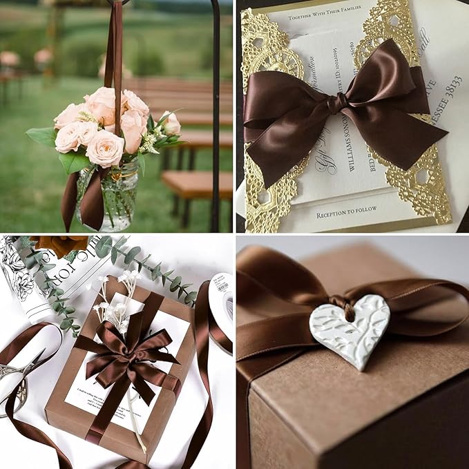 1-1/2 Inch Brown Satin Ribbon 50 Yards Solid Fabric Ribbons for Gift Wrapping, Crafts, Floral Arrangements, Wedding, Party, Holiday and Home Decor