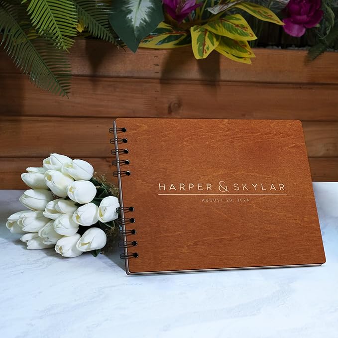 Personalized Wood Wedding Guest Book - 5 Colors/Finishings, 2 Sizes, 12 Designs - Wood Wedding Decorations, Guest Book Signs for Wedding Reception (DESIGN 2)