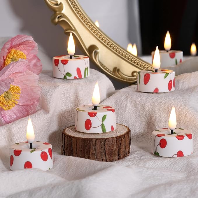Eywamage Cherry Flameless Tealights with Remote Batteries, Flickering Plastic LED Tea Votive Candles Set of 12