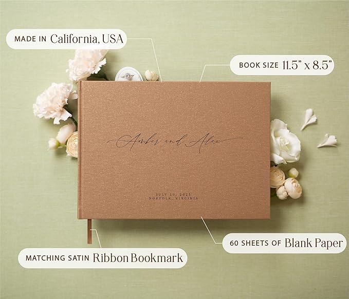 MUUJEE Personalized Guestbook in Bronze Shimmer - Premium Custom Modern Guest Book for Wedding Reception, Birthday Party or Events w/Bookmark Blank Pages for Signing 11.5 x 8.5 inches