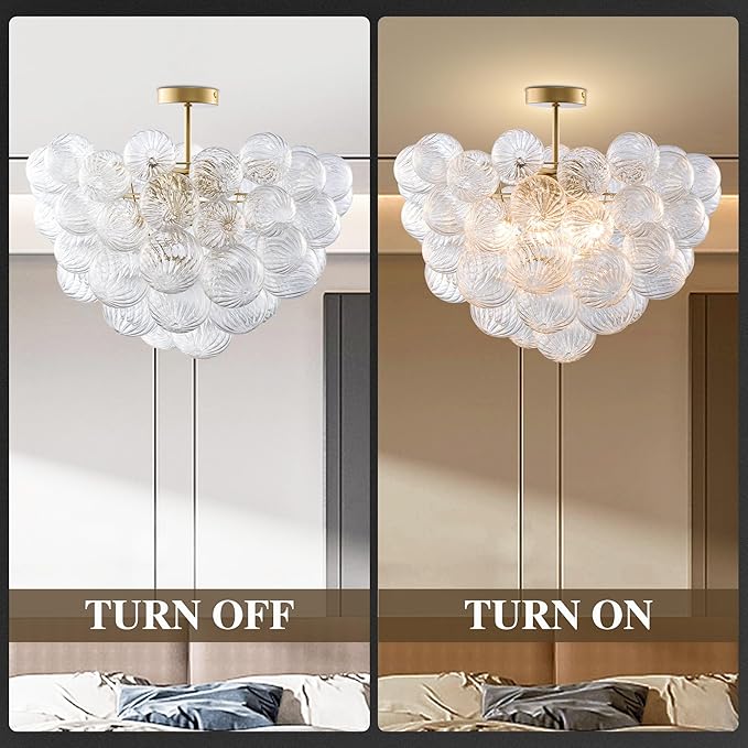 Nordic Bubble Ball Swirled Glass Ceiling Lights Fixture, Dia 24 inch Gild Brass and Clear Blown Glass Small Chandelier for Bedroom Study Bathroom
