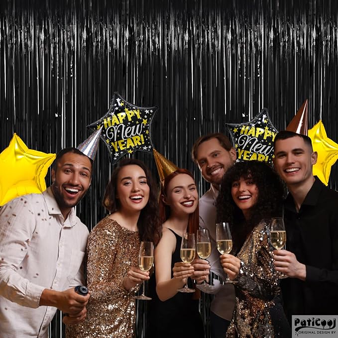 Black Streamers Party Decorations - Thicken 2 Pack 3.2 x 8.2 FT - Black Tinsel Foil Fringe Backdrop Curtains, Photo Booth Props for Birthday, Halloween, Retirement, Bachelor Party Decorations