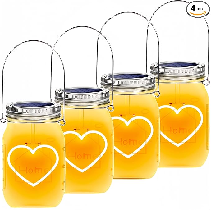 Hanging Solar Mason Jar Lights, 4 Pack Heart Shape Led Lights, Solar Lanterns Outdoor Waterproof Lights, Hangers and Jars Included, Gift for Mothers Day,Home Party Wedding Lover Garden Patio Decor (4)
