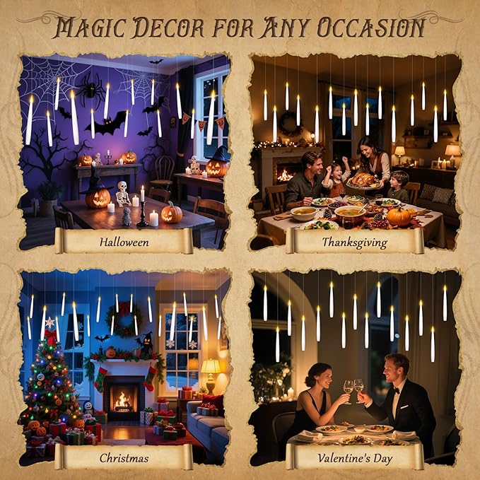 Halloween Decorations, 12 Pcs Floating Candles with Wand Remote, Battery (indluded) Operated Magic Wand Hanging LED Candles, Flameless Flickering Taper Candles for Halloween Christmas Decor Birthday