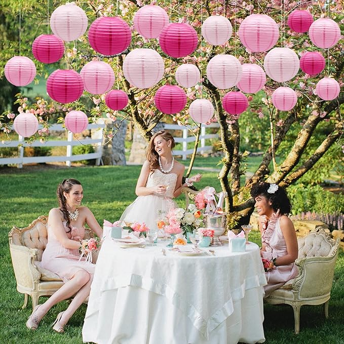 ADLKGG Pink Paper Lanterns Decorative, Hanging Round Paper Lanterns Indoor Outdoor for Graduation Wedding Birthday Baby Showers Decorations, 21pcs