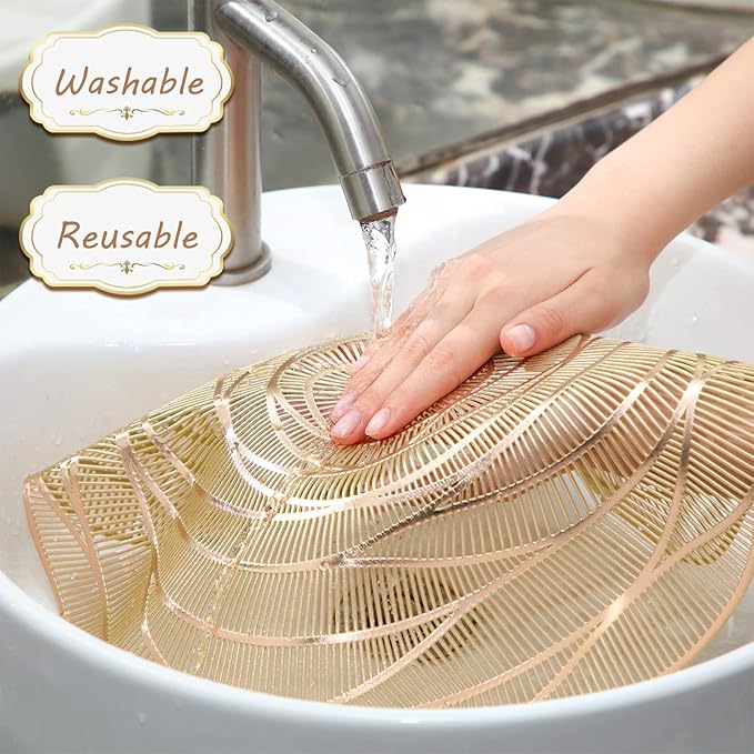 Sieral 48 Set 15 Inch Round Pressed Vinyl Placemats Hollow Out Rose Placemat Set Metallic Slip Resistant Place Mat Coaster Including Place Mats and Coasters for Wedding Dining Kitchen (Gold)