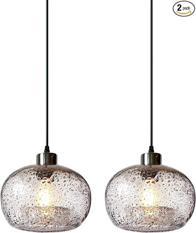 CASAMOTION Pendant Lights Kitchen Island,Clear Seeded Glass with Black Sand Powder,Modern Farmhouse Ceiling Hanging Lighting Fixtures,Dining Room Table Bedroom Oval Globe 8.7 Inch Diam 2 Pack