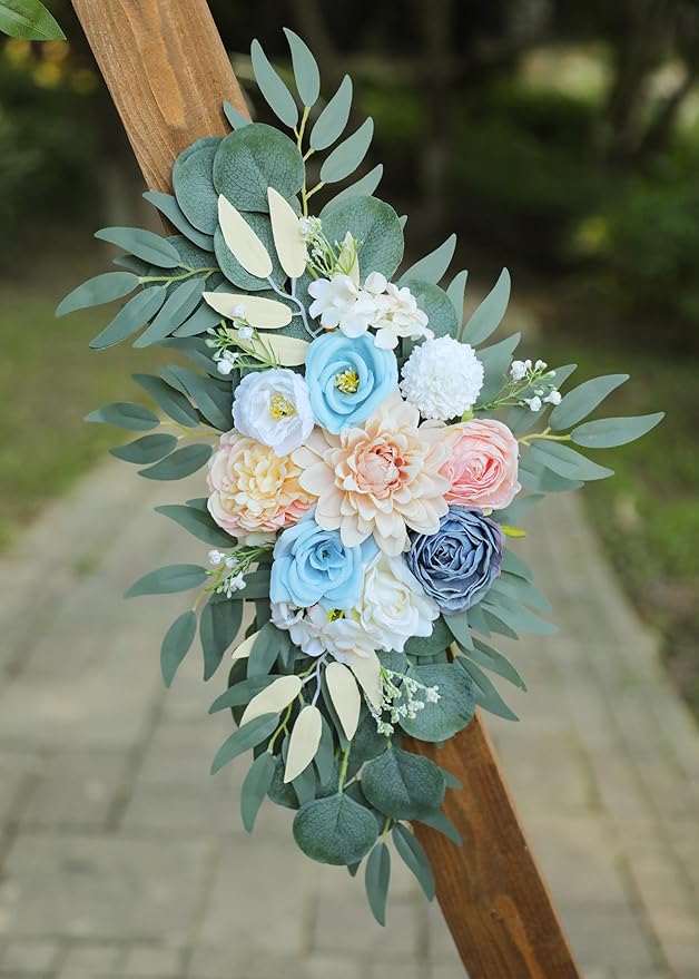 Artificial Blush Pink Wedding Arch Flower Swags Set of 2 for Wedding Welcome Signs and Ceremony Decorations, Blue Flowers
